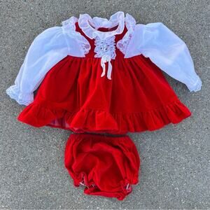 Vintage Jolene Red Velvet Christmas Baby Dress with Bloomers Diaper Cover 6-9mos